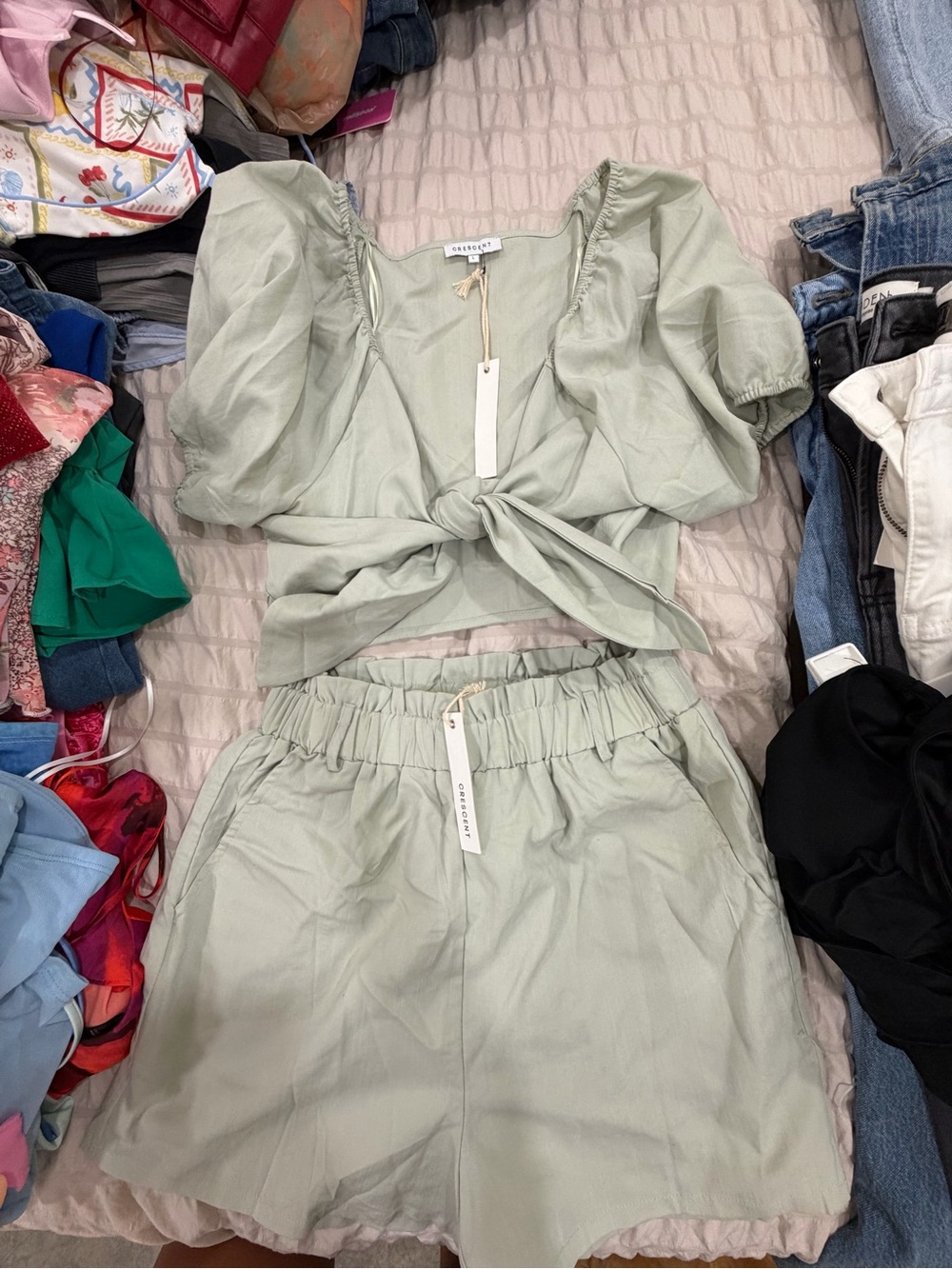 Green Two-Piece Tie-Front Top and High-Waist Shorts Set